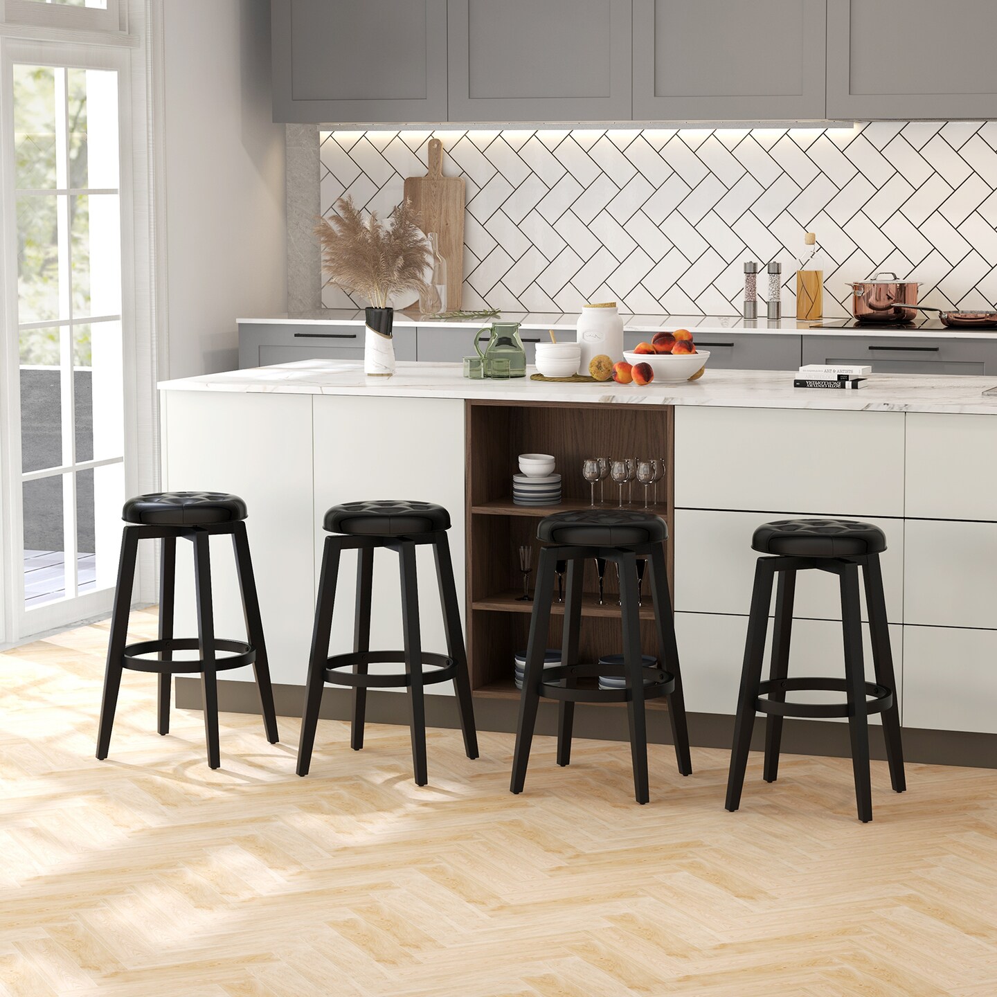 360&#xB0; Swivel Upholstered Rubberwood Frame Bar Stool Set of 2 with Footrest