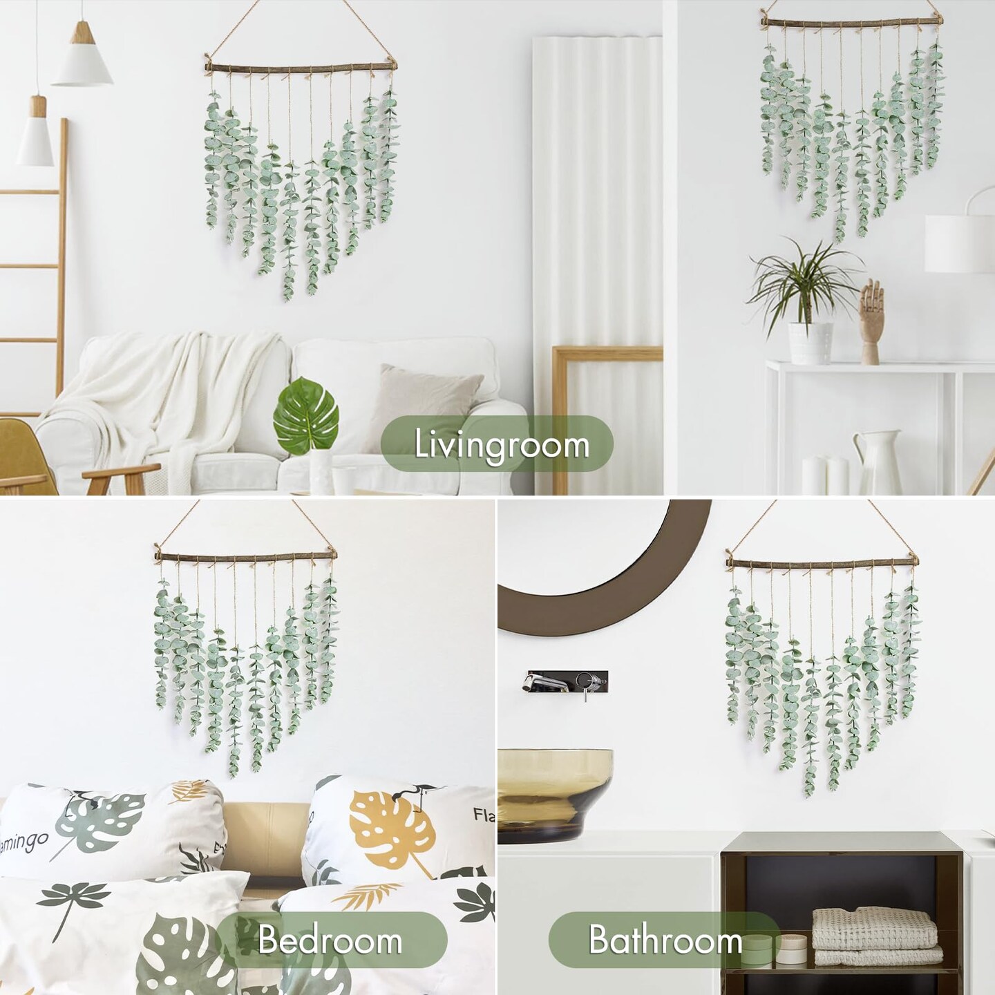 Bestjing Artificial Eucalyptus Wall Hanging Decor - Fake Eucalyptus Leaves Greenery Eucalyptus Vines Wall Hanging Plants - Farmhouse Rustic Boho Wall Decor for Bathroom Bedroom Livingroom Decorations