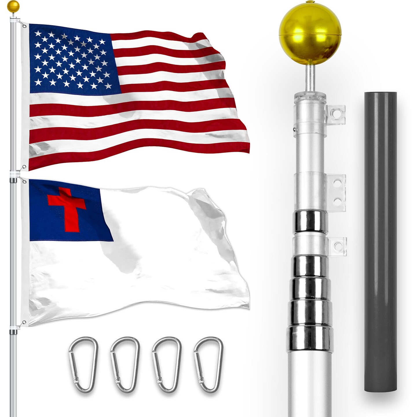 G128 Combo Pack: 25 Ft Telescoping Aluminum Flagpole (Silver) &#x26; American and Christian Flags 3x5 Ft, Both StormFlyer Series Embroidered 220GSM Spun Polyester | Pole with Flags Included