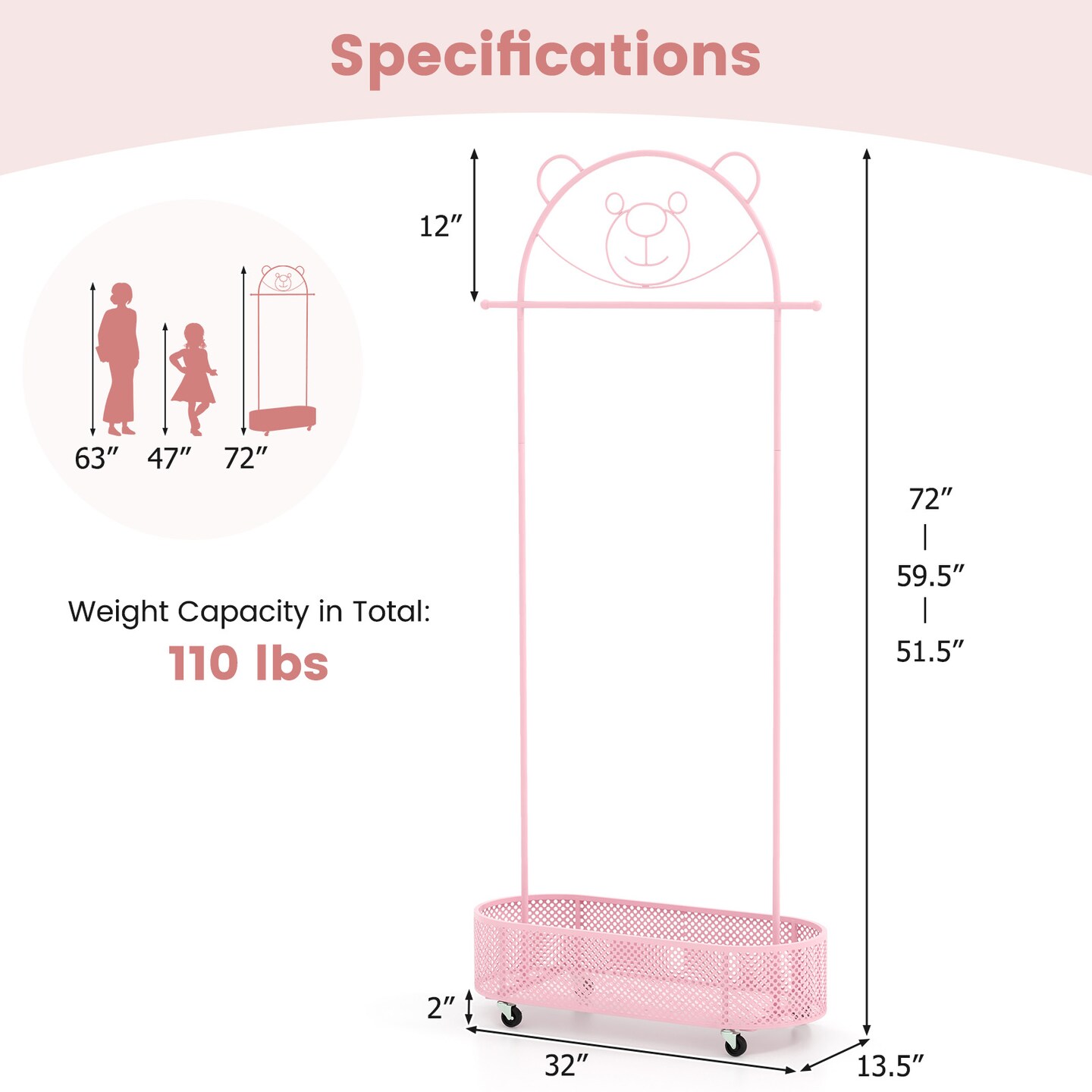 Kid Clothes Rack with 3 Adjustable Heights and Wheels - 32&#x22;L x 13.5&#x22;W x 72&#x22;H