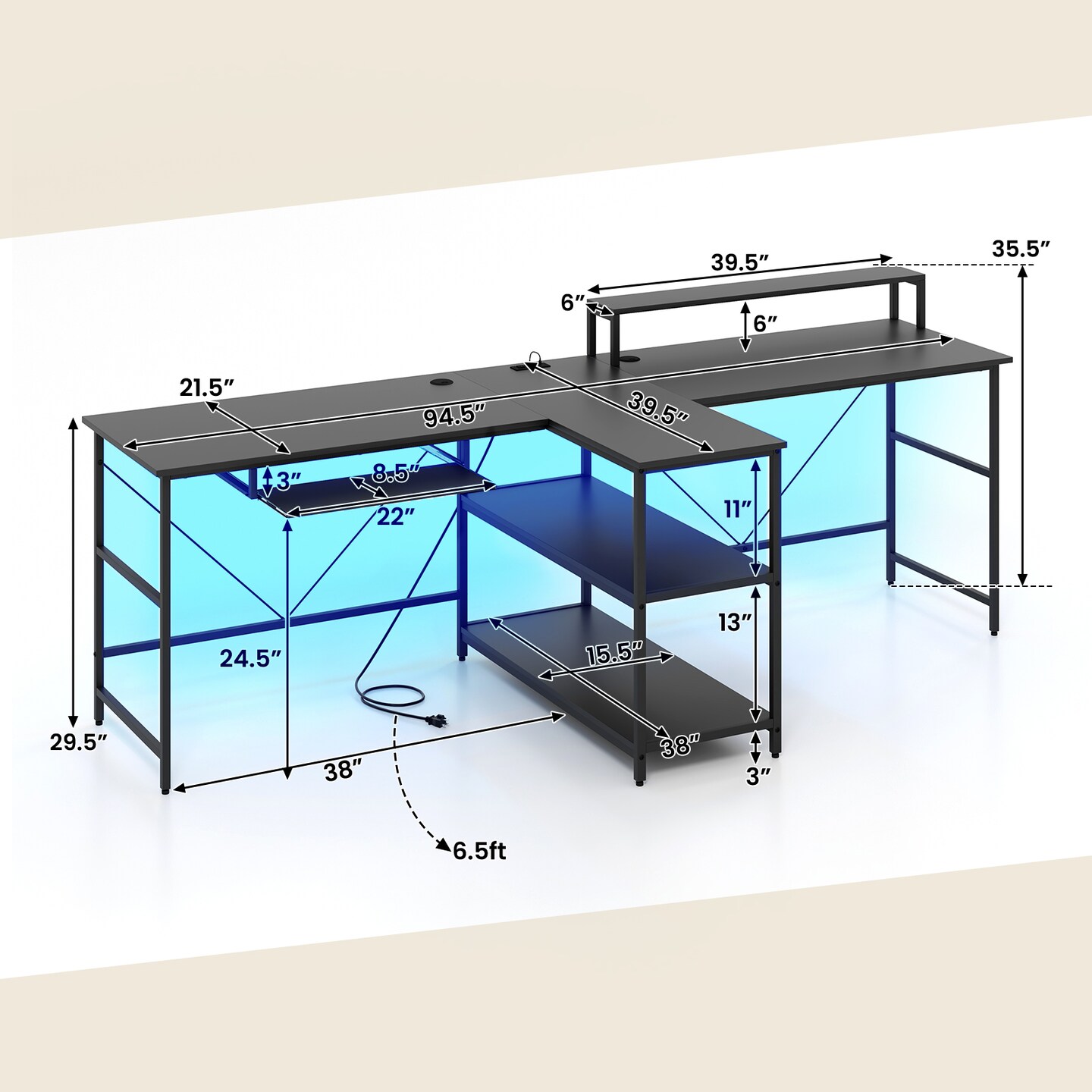 2-Person Reversible Computer Desk Long Office Desk with LED Lights