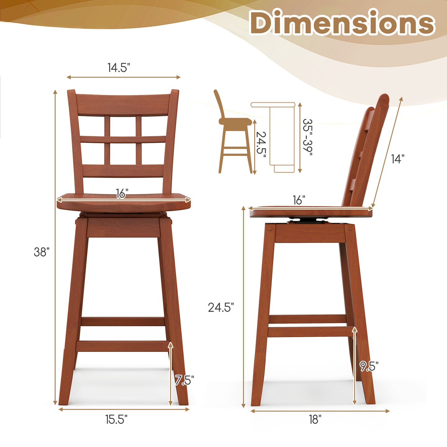 Set of 2 Counter Height Barstools with 6-Grid Hollow Back and Seat - 18&#x22; x 16&#x22; x 38&#x22;