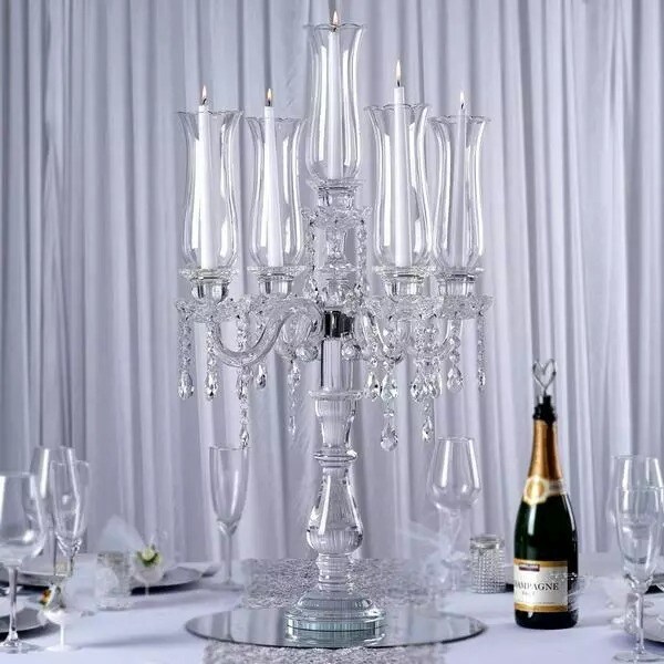32" Clear 5 Arm Crystal Glass Candelabra Hurricane Taper Candle Holder