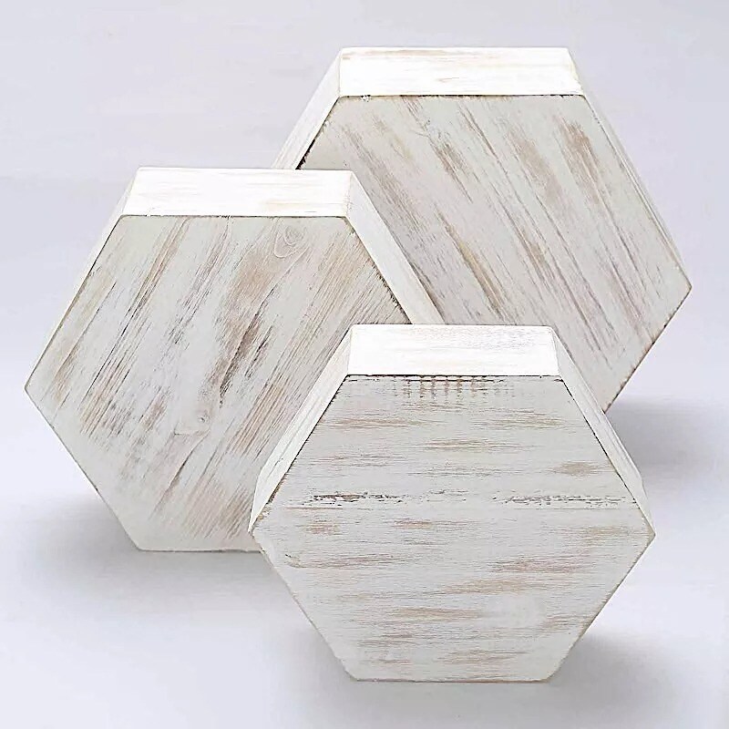 3 Whitewashed Wooden CAKE STAND Hexagonal Dessert Display Boxes Party Events