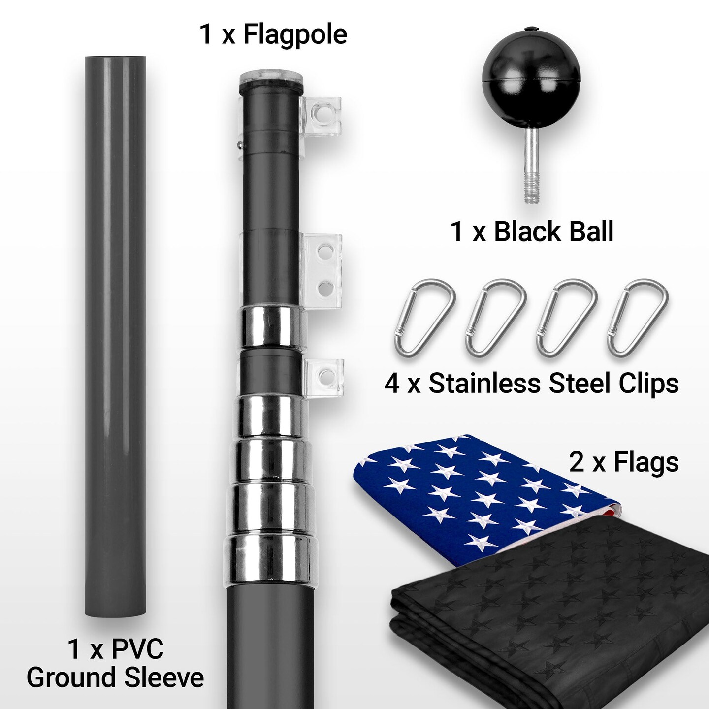 G128 Combo Pack: 20 Ft Telescoping Aluminum Flagpole (Black) & American and All Black USA Flags 3x5 Ft, Both ToughWeave Series Embroidered Polyester | Pole with Flags Included