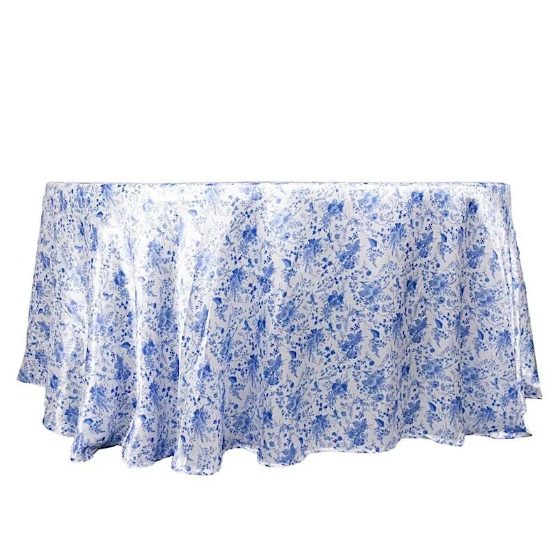 120 in White Satin Round TABLECLOTH Blue Floral Print Party Events Decorations