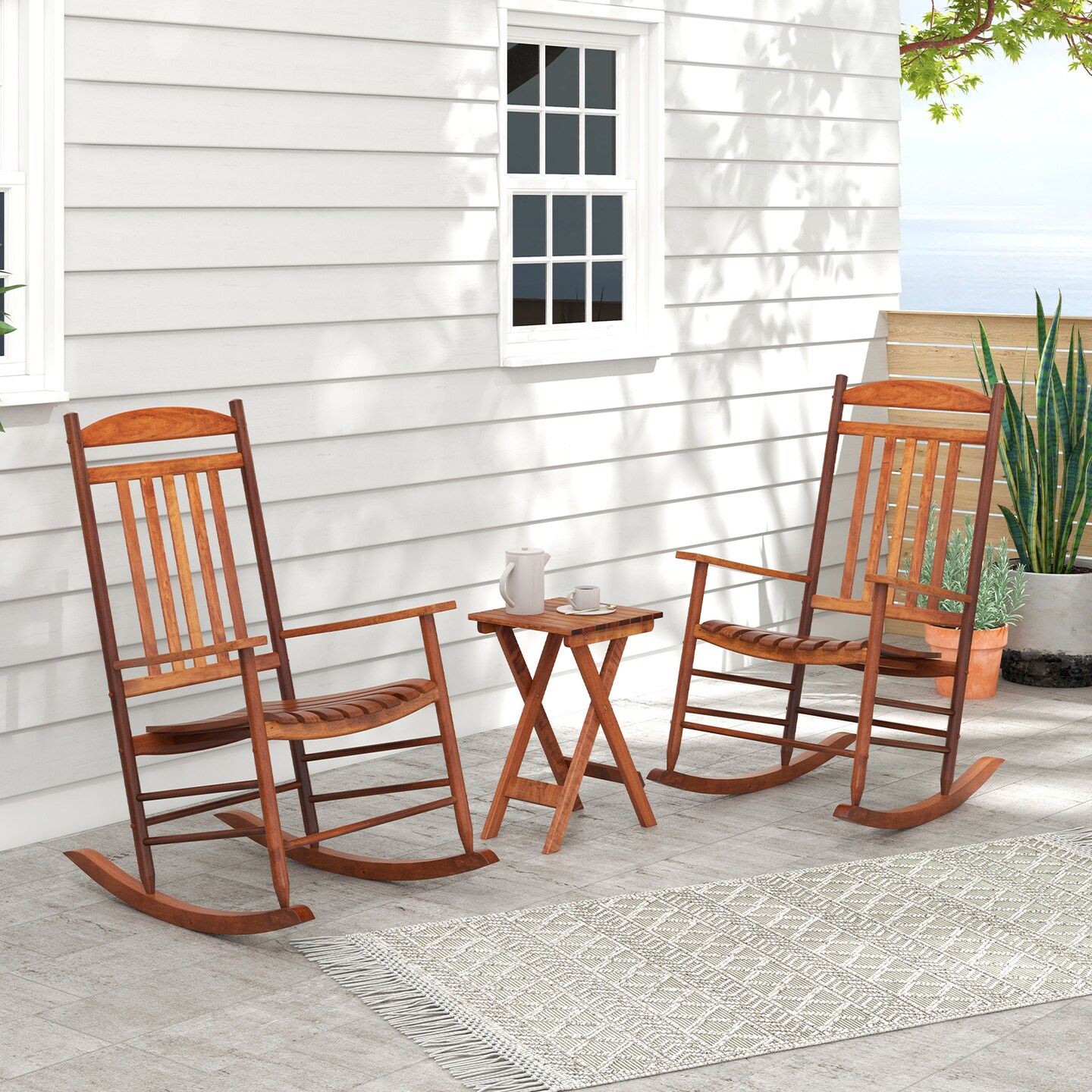 3-piece Outdoor Poplar Wood Rocking Bistro Set - 14" x 14" x 18" (L x W x H)