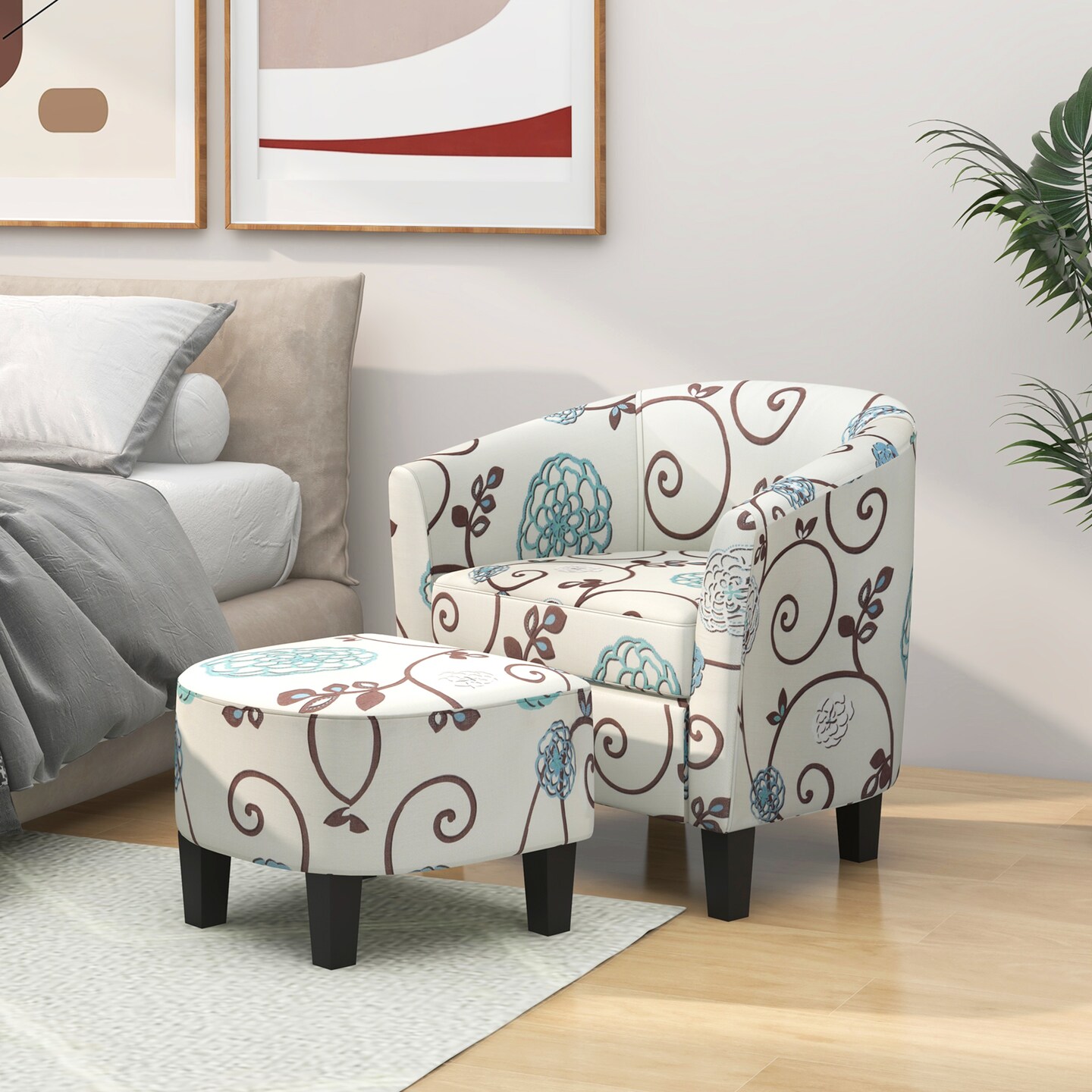 Modern Accent Tub Chair and Ottoman Set with Fabric Upholstered - 28&#x22; x 25&#x22; x 29&#x22; (L x W x H)