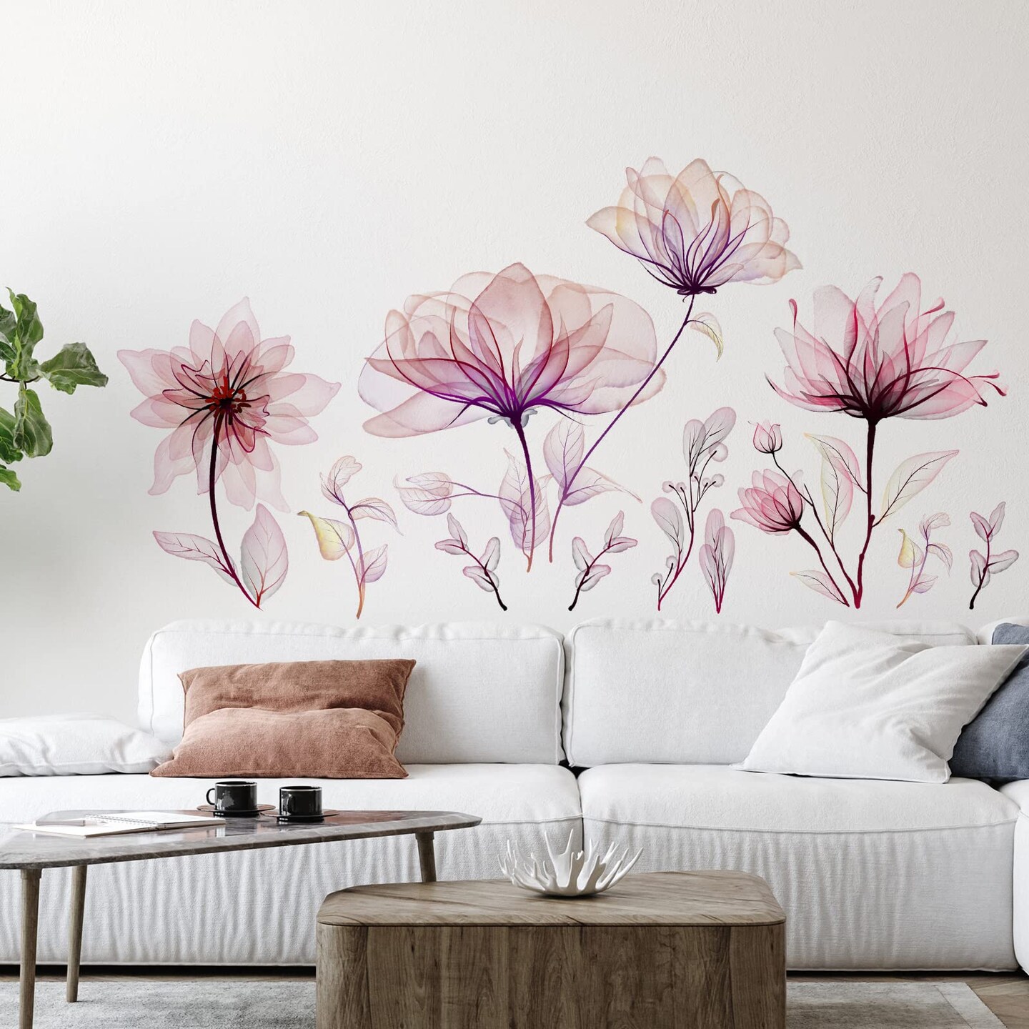 Zonon 6 Pieces Flowers Wall Decals Vinyl Dragonflies Flowers Wall Stickers Removable Floral Wall Murals Peel and Stick Colorful Flower Wall Decor for Bedroom Living Room Nursery(Floral)