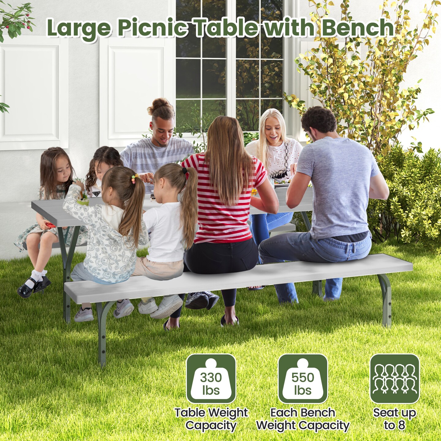 6 FT Picnic Table Bench Set Dining Table and 2 Benches with Metal Frame and HDPE Tabletop