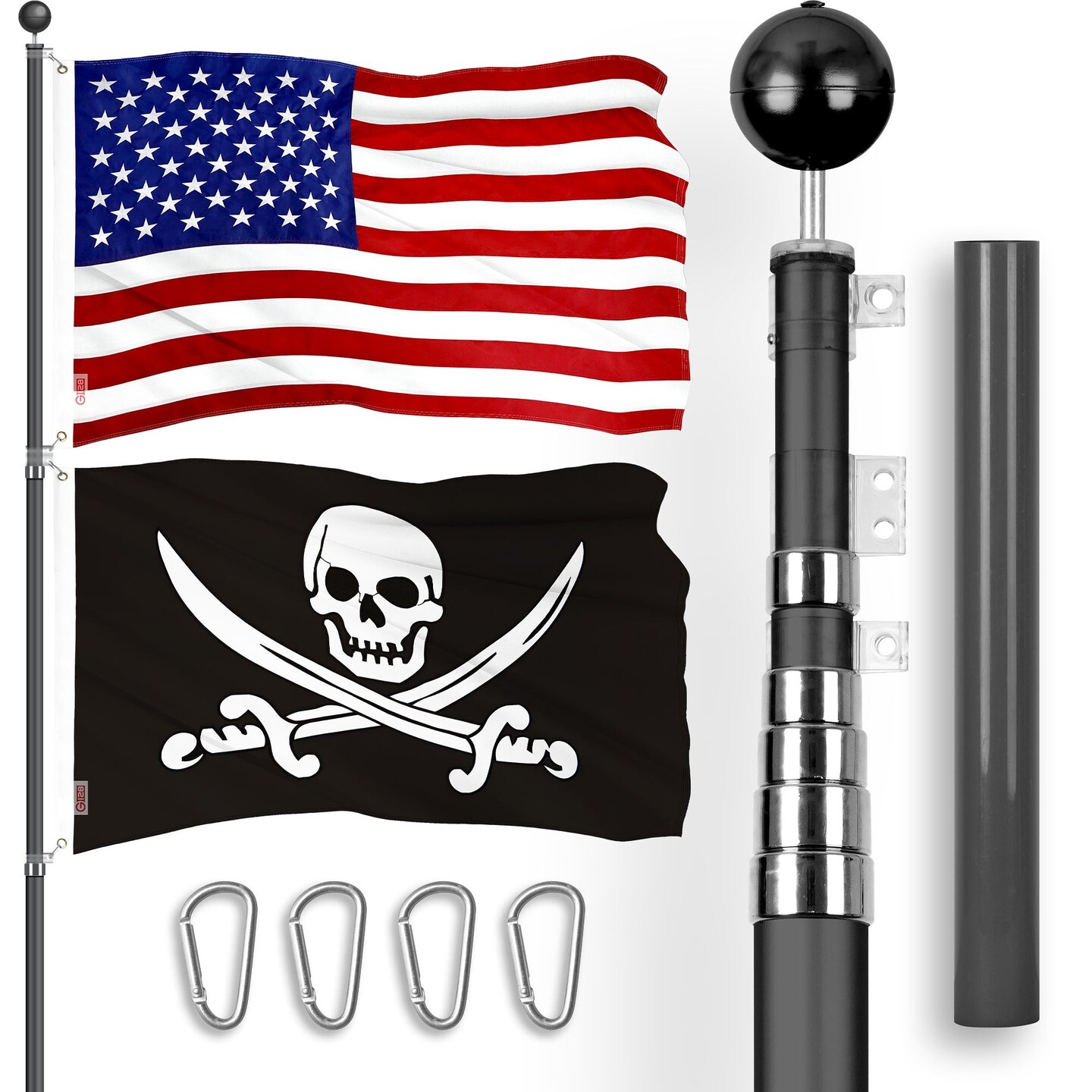 G128 Combo Pack: 20 Ft Telescoping Aluminum Flagpole (Black) & American and Pirate Jolly Roger Swords Flags 3x5 Ft, Both ToughWeave Series Embroidered Polyester | Pole with Flags Included