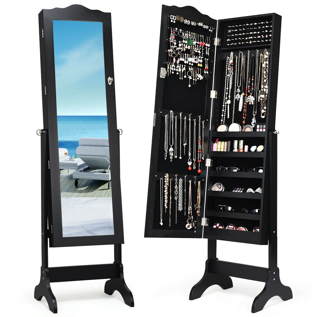 Multi-Shelf Black Jewelry Armoire with Glass Mirror Adjustable Tilt and Scratch-Resistant Lining
