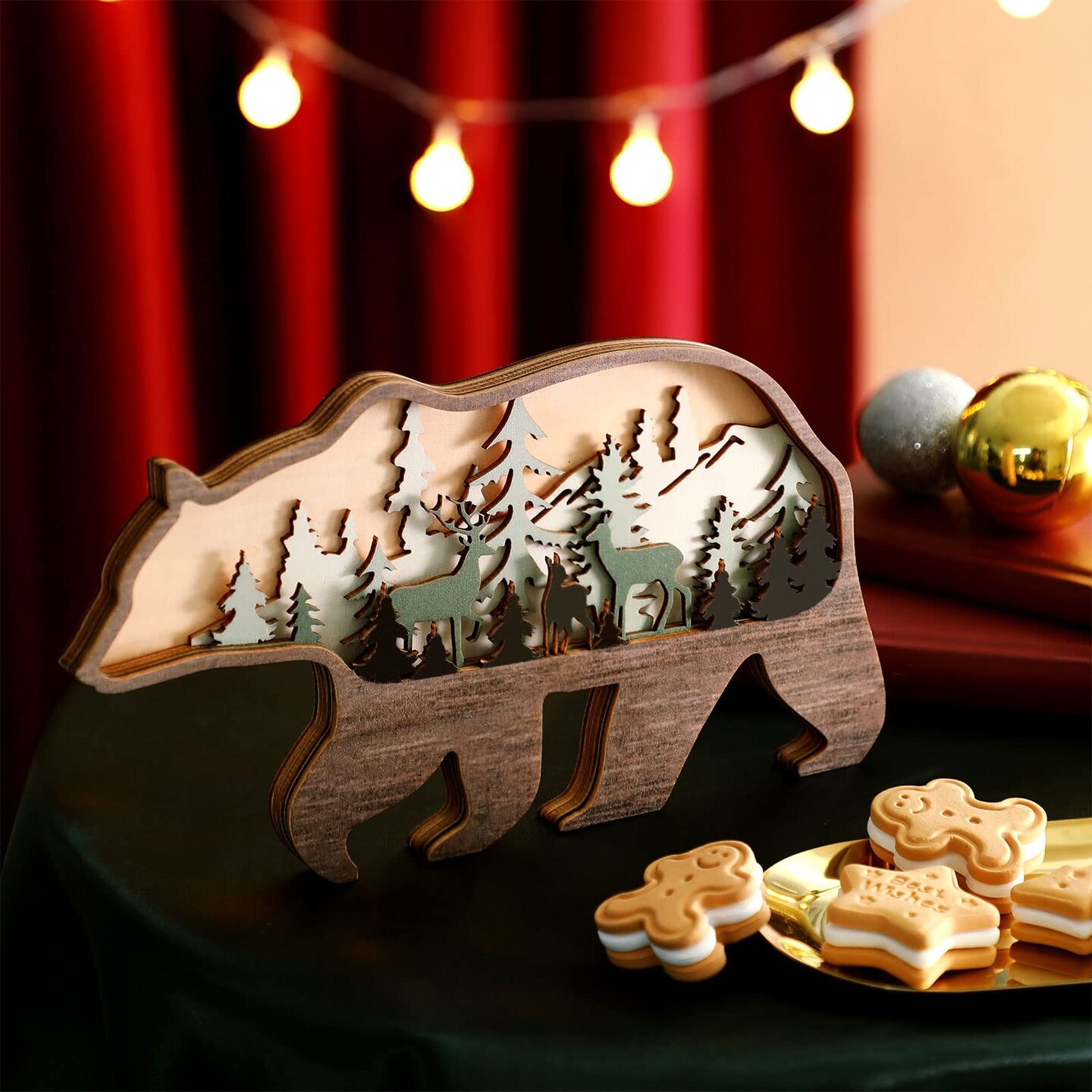 Honoson Forest Animal Rustic Wall Art Decor Wooden Farmhouse Wall Decoration Wooden Animal Decor Wood Forest and Mountain Ornaments for Cabin Bedroom Living Room Decor (Bear Style, Colorful)