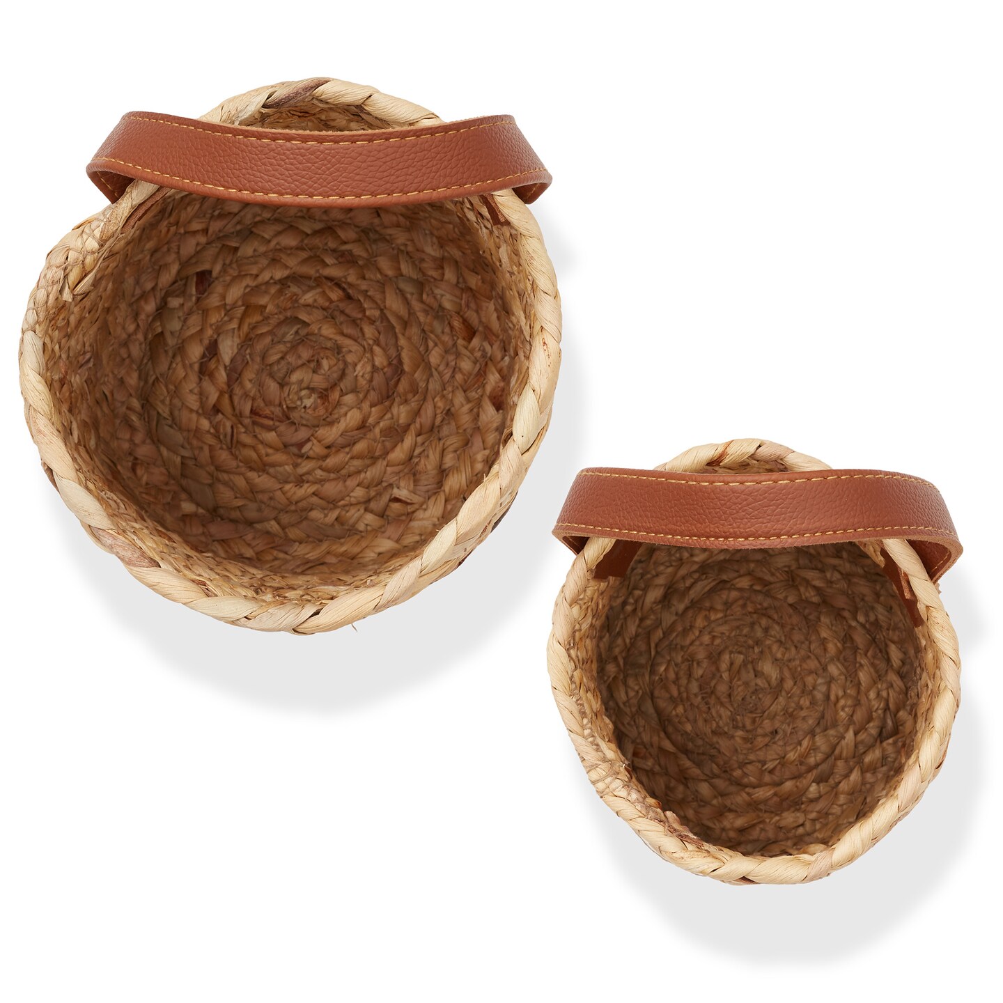 Casafield Set of 2 Water Hyacinth Wall Hanging Baskets with Handles (Small and Large) - Natural, Woven Boho Plant and Flower Storage Pots