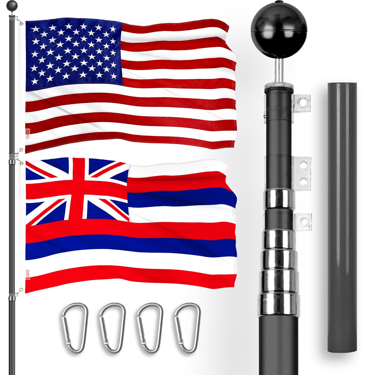 G128 Combo Pack: 20 Ft Telescoping Aluminum Flagpole (Black) &#x26; American and Hawaii Flags 3x5 Ft, Both ToughWeave Series Embroidered Polyester | Pole with Flags Included