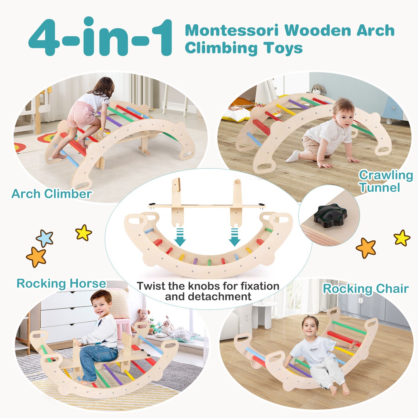 4-in-1 Multifunctional Wooden Climbing Toys with Rocker and Crawling Tunnel - 48&#x22; x 20.5&#x22; x 17.5&#x22; (L x W x H)