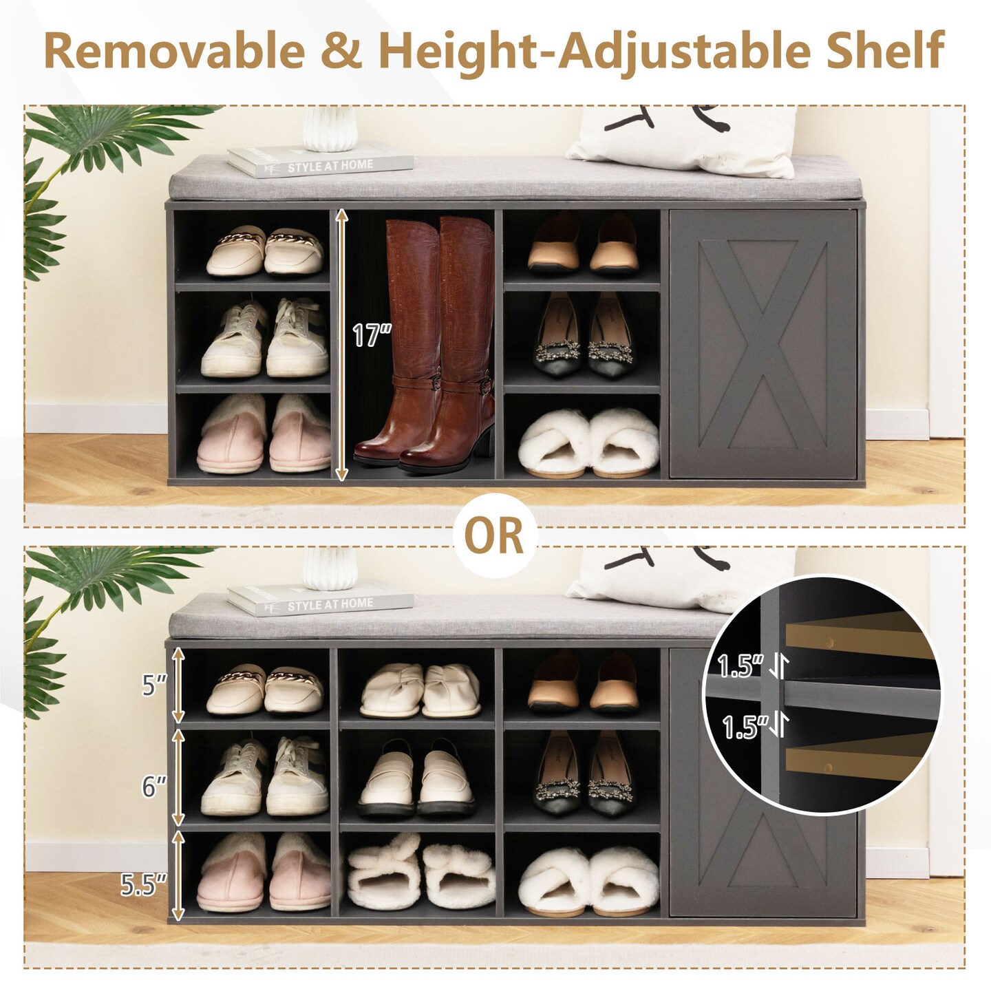 9-cube Shoe Bench with Adjustable Shelves and Removable Padded Cushion