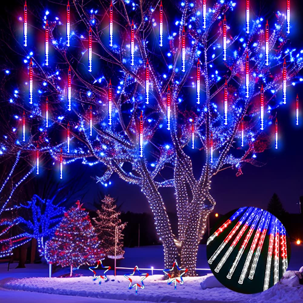 Aokudoni 4th of July Decorations Outdoor, 16 Inch Red White and Blue Meteor Shower Lights for Independence/National/Memorial Day, LED Christmas Lights Outdoor for Yard Garden Tree Holiday Party