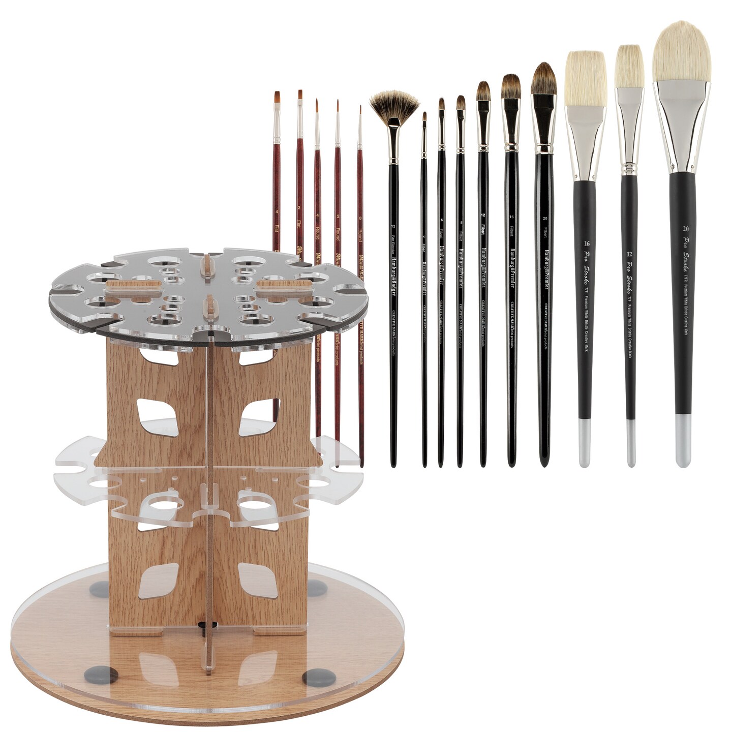 Mezzo Rotating Paint Brush Storage Rack w/ Artist&#x27;s Pro Collection of 15 Natural and Synthetic Oil Paint Brushes- Hamburg, Mimik Kolinsky &#x26; Pro-Stroke w/ Brush Drying Carousel- Holds Up to 28 Brushes