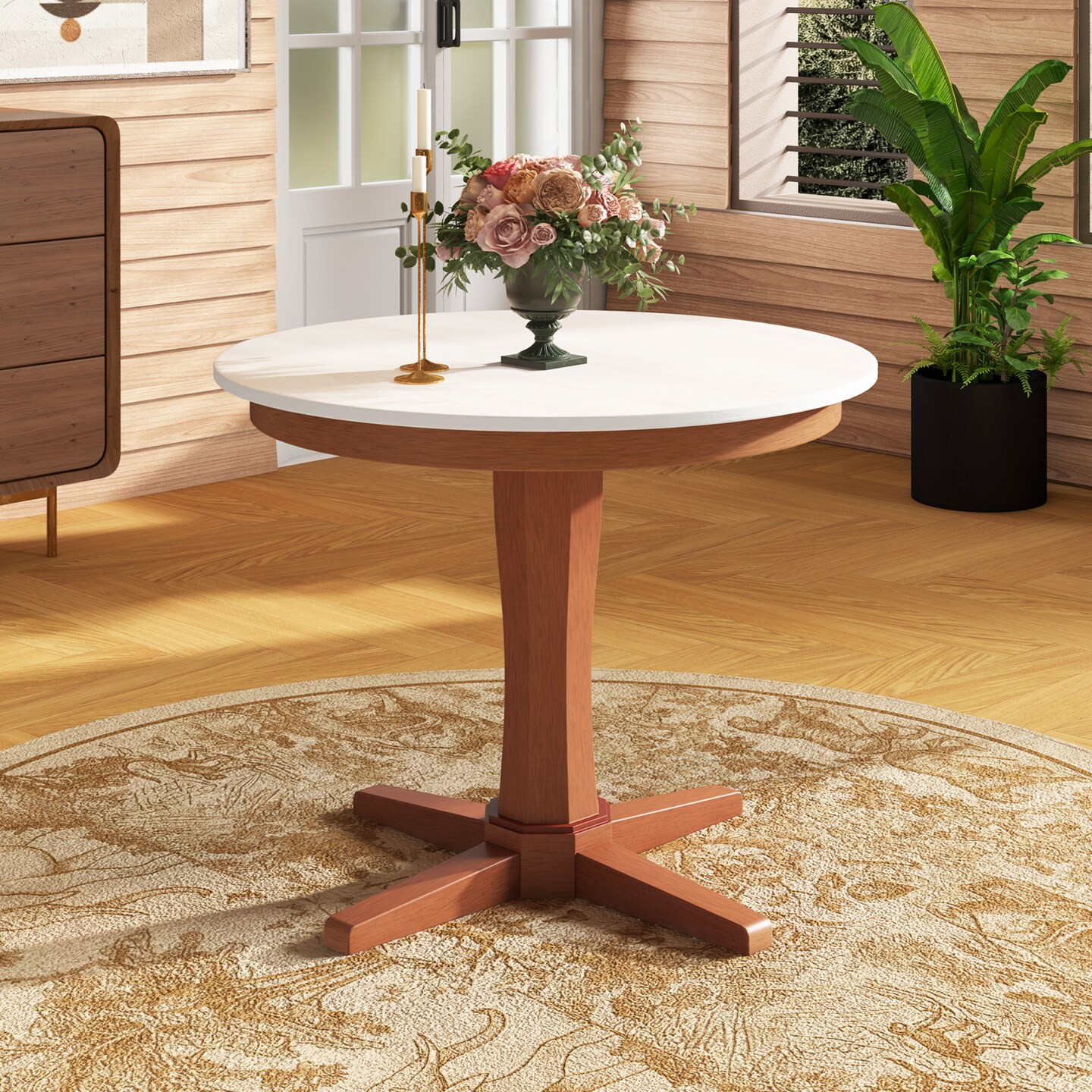 35 Inches Wooden Round Dining Table with Pedestal Base - 36&#x22; x 36&#x22; x 30&#x22; (L x W x H)