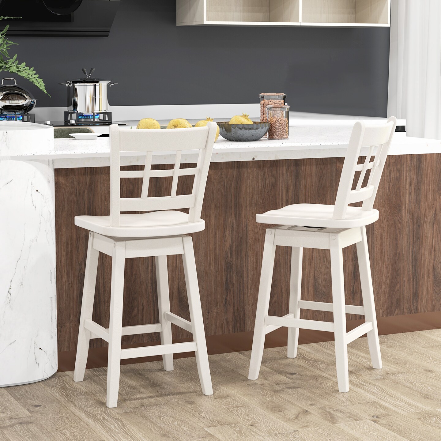 Set of 2 Counter Height Barstools with 6-Grid Hollow Back and Seat - 18" x 16" x 38"