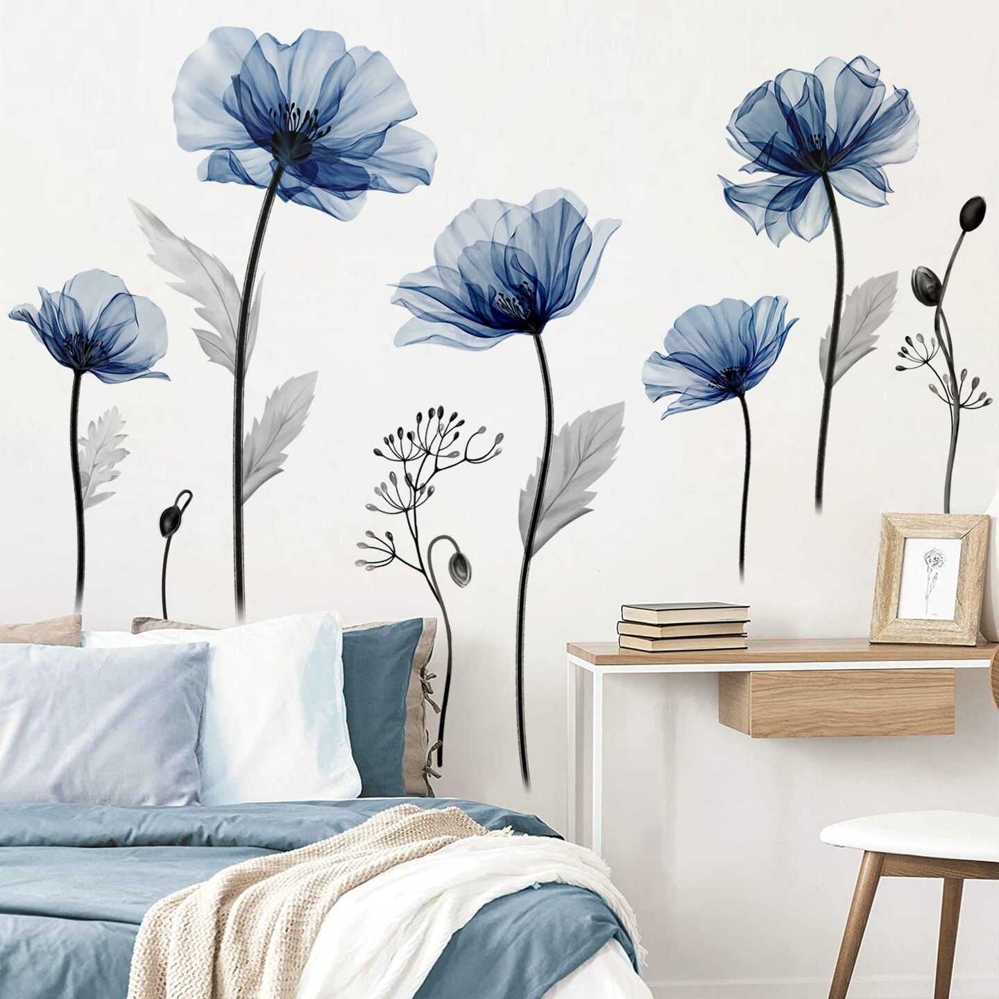 decalmile Large Blue Flower Wall Decals Floral Plants Wall Stickers Bedroom Living Room Kitchen Wall Decor Gifts for Mom