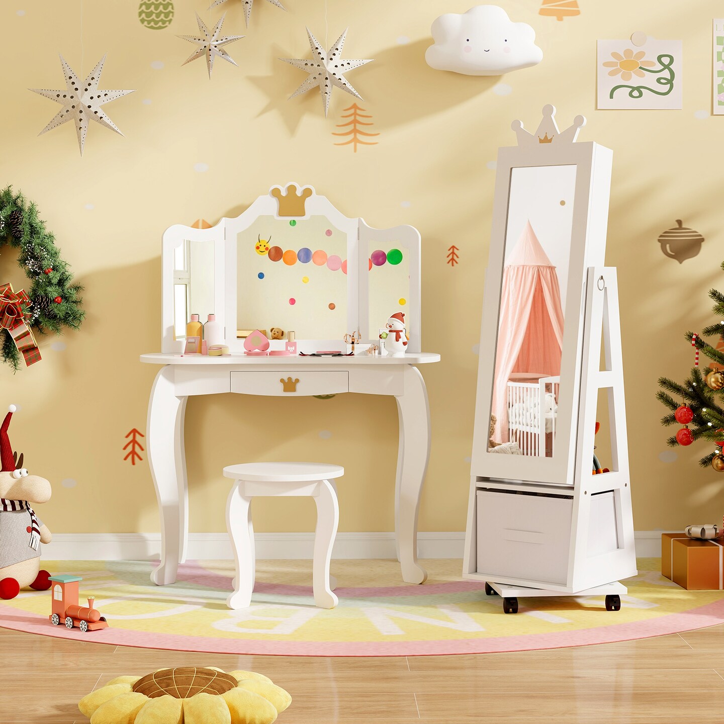 Kids Jewelry Armoire Cabinet with Swivel Base and Lockable Universal Wheels