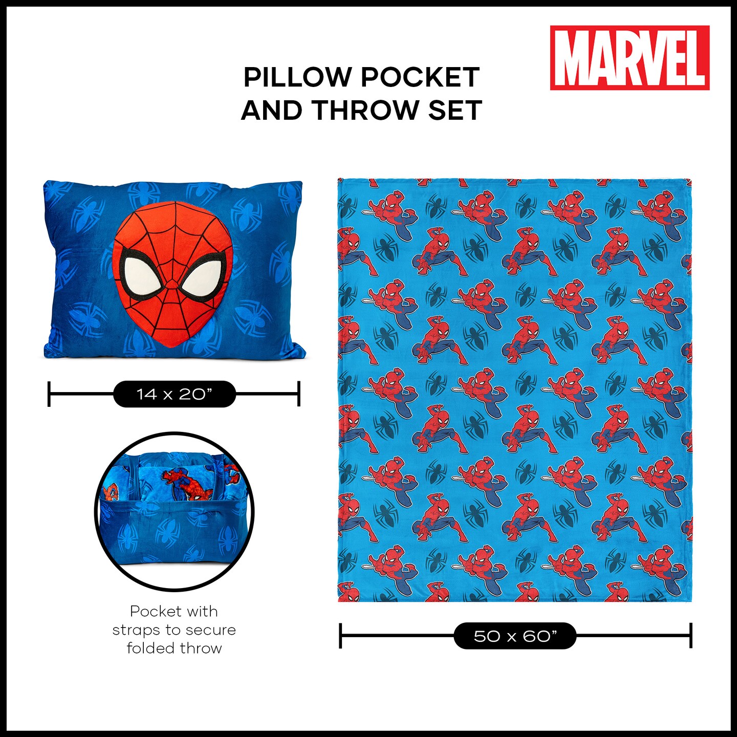 Marvel Spider-Man Web All Over Silk Touch Throw Blanket 50X60 inches with Plush Pocket Pillow 14X20 inches