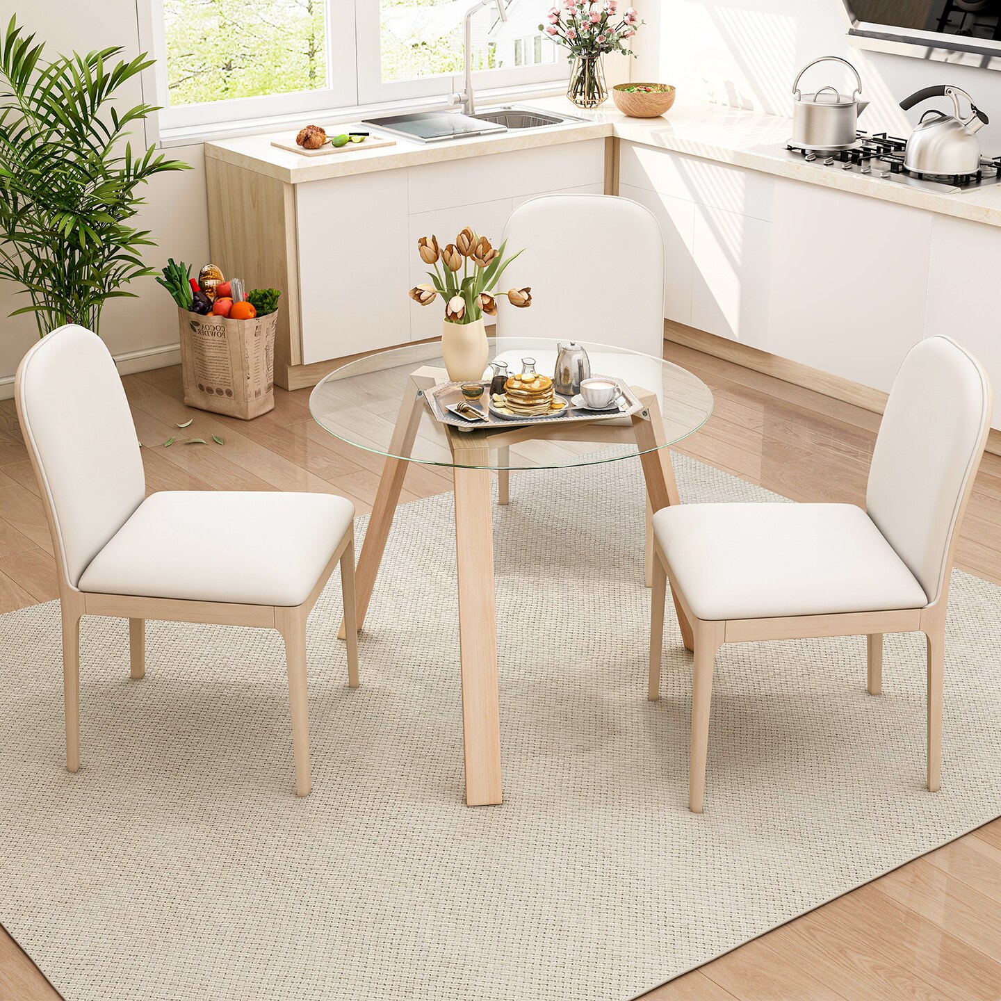36 Inches Round Glass Dining Table for 4 with Rubber Wood Frame-Natural - 36&#x22; x 36&#x22; x 29&#x22;