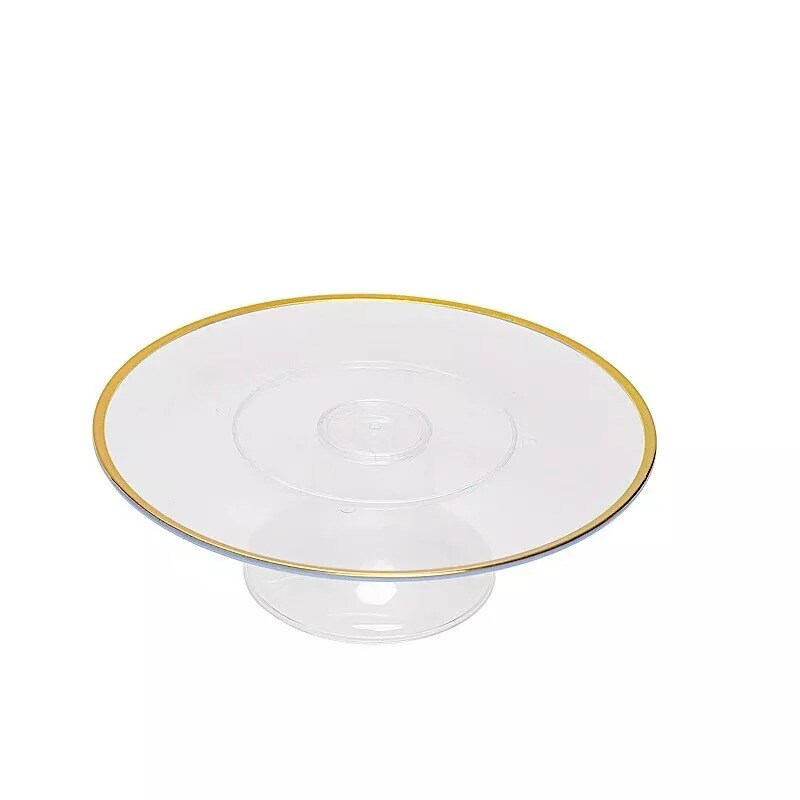 2 Clear 12 in Round Plastic CAKE STANDS Dessert Pedestal Gold Trim Party Events