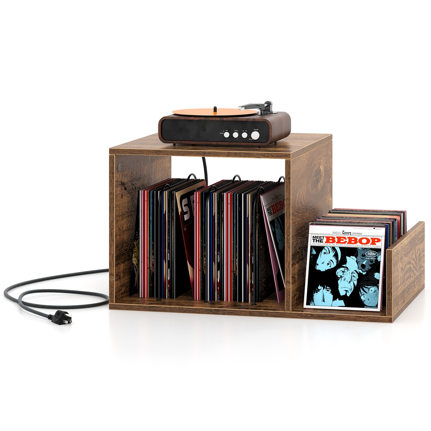 Mid-century Record Player Stand with Power Outlet and Vinyl Divider - 26&#x22; x 18&#x22; x 27&#x22; (L x W x H)