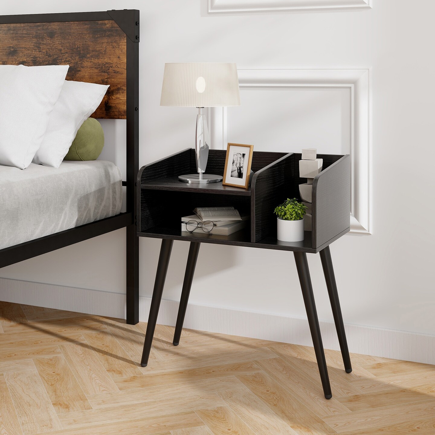Mid Century Modern Nightstand  with Open Shelves