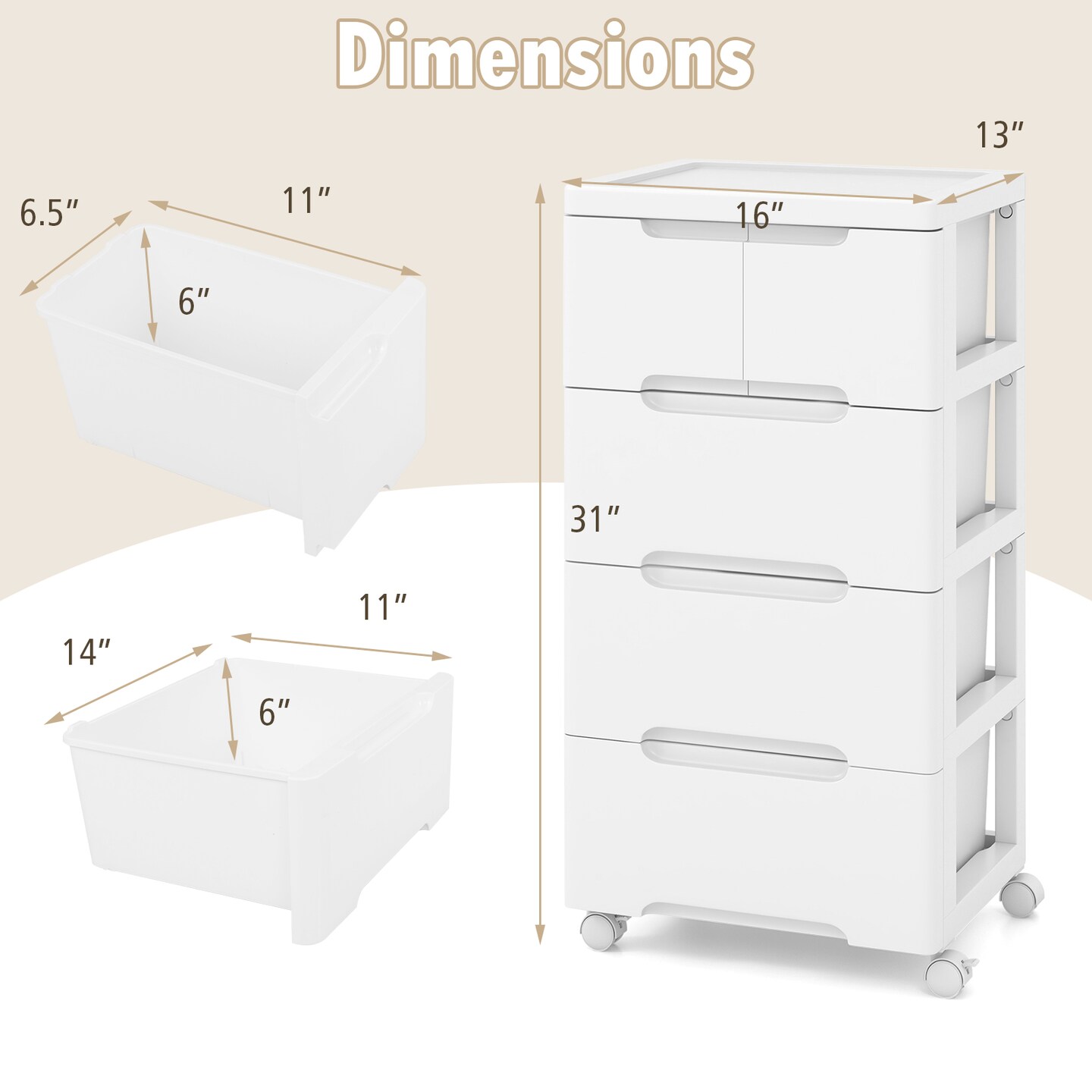 Rolling Storage Cabinet with Universal Wheels-5 Drawers