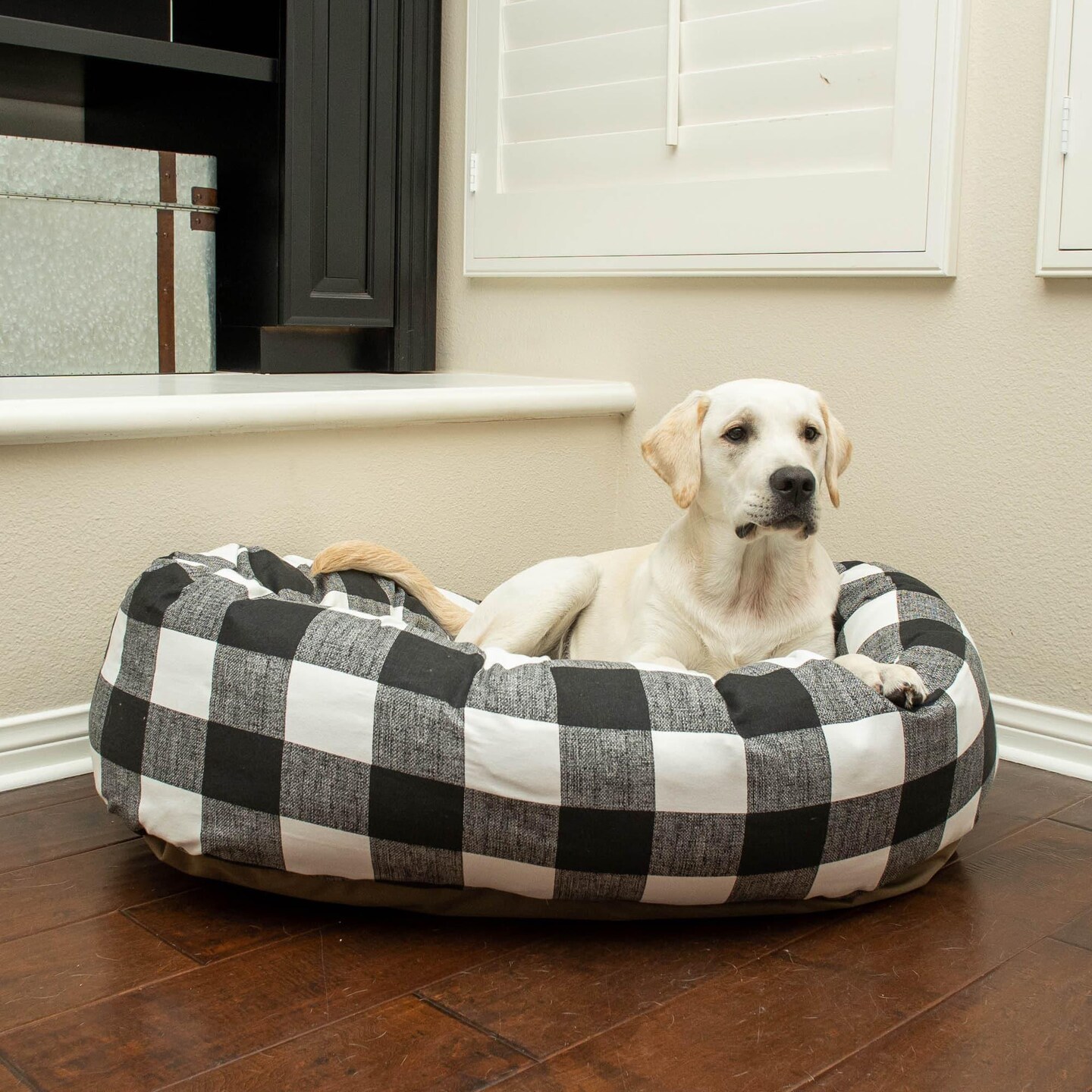 product name is Majestic Pet Anderson Check Personalized Calming Dog Bed Washable Cozy Fluffy Donut Dog Bed