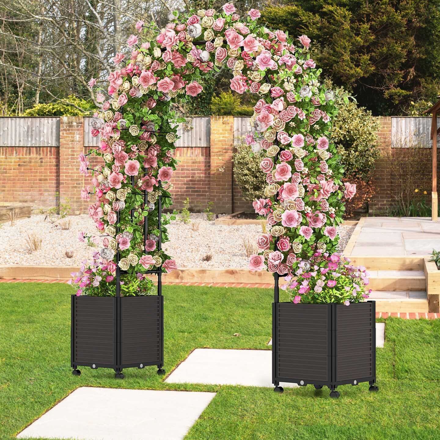 6.6 Feet Arch Arbor Trellis with 2 Planter Boxes &#x26; Detachable PE-Coated Metal Tubes-Black
