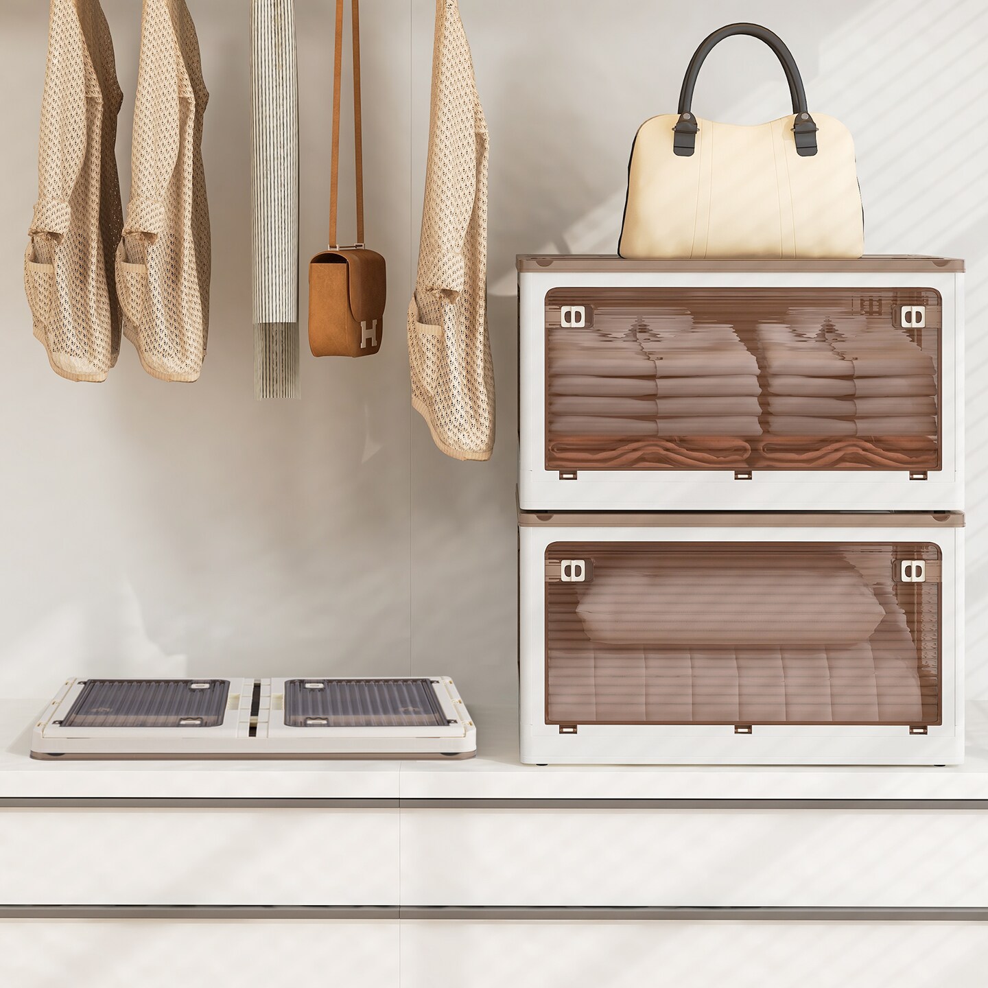 3-Pack Foldable Storage Bins with Top Lid Wheels and Push Latch Doors for Home Organization