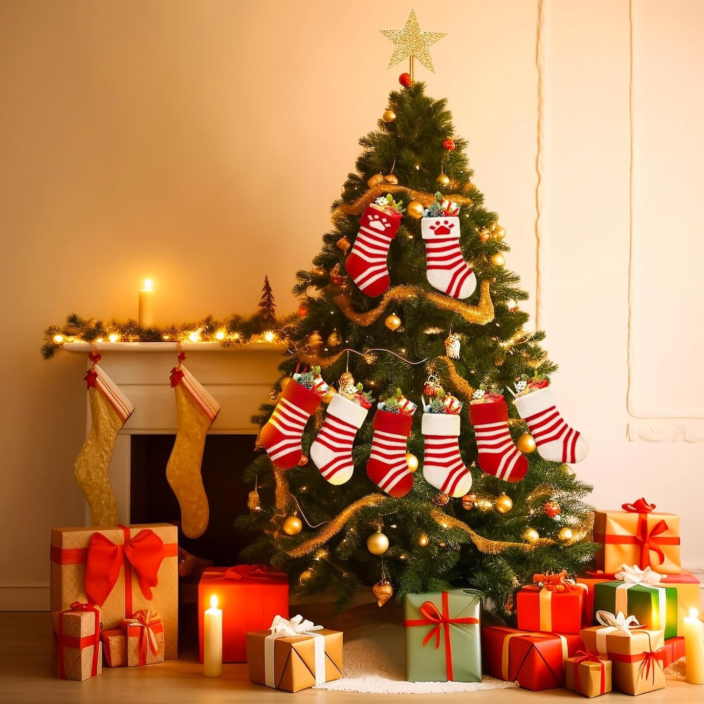 2Pcs Knited Christmas Stockings 8&#x27;&#x27; Red White Strips Chirstmas Stockings Small for Holiday Hanging Decor on Fireplace Shelf Christmas Home Decroation