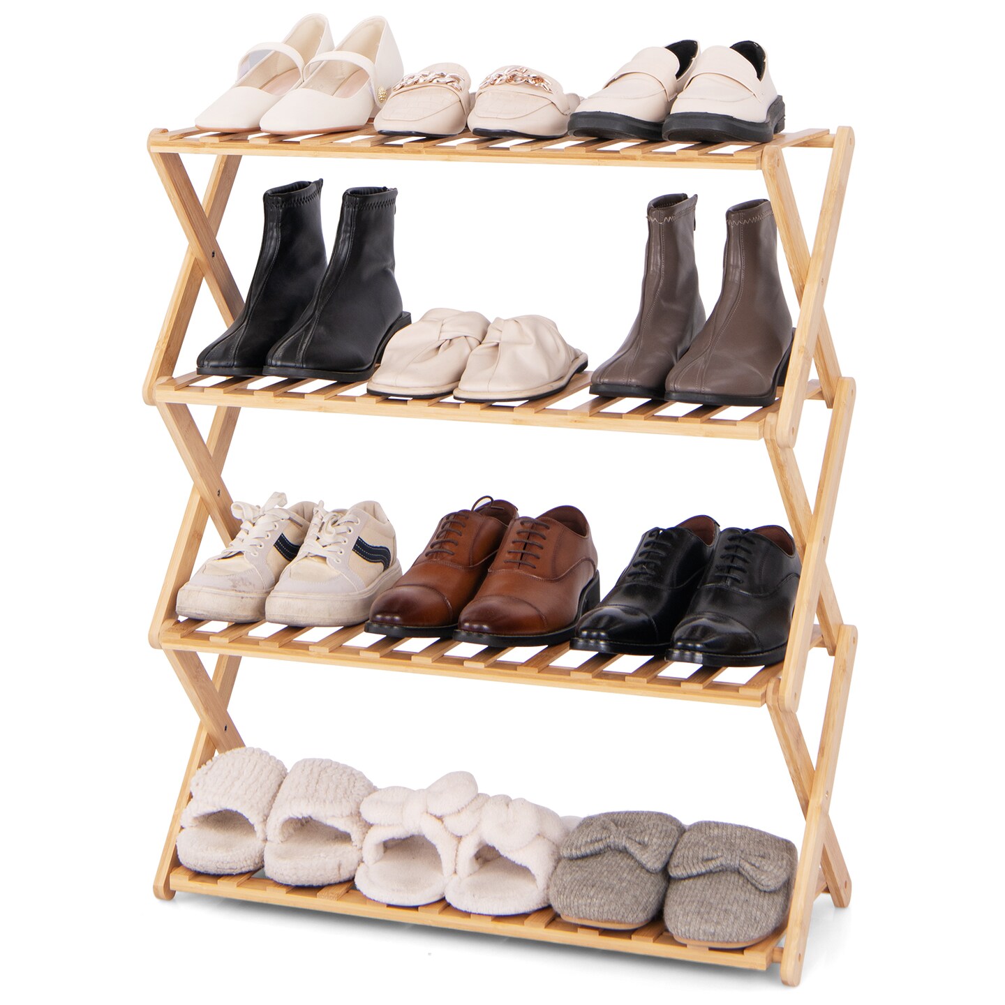 4-Tier Foldable Wicker Shoe Rack with Slatted Shelves - 27" x 10" x 32" (L x W x H)