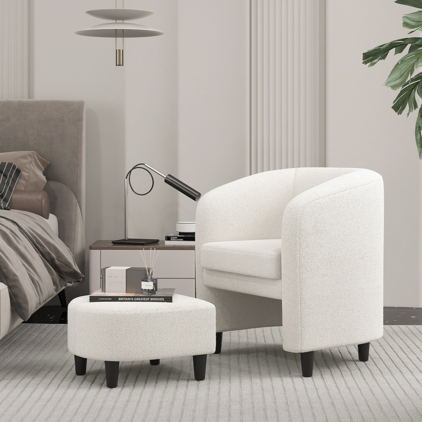 Modern Upholstered Barrel Teddy Velvet Chair with Ottoman - 25.5 x 25 x 28 (L x W x H)
