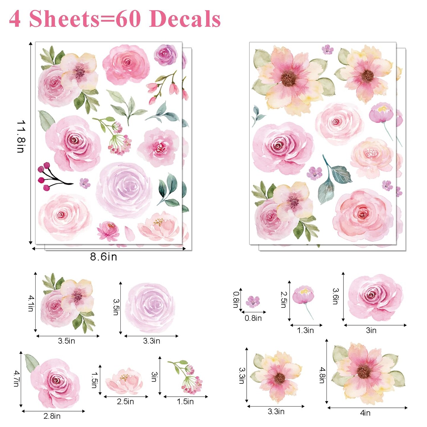 AOWDIAO 60 Pcs Flower Peel and Stick Wall Decals Watercolor Vinyl Peony Floral and Leaves Wall Stickers Pastel Flower Decor for Girls Bedroom Nursery Classroom Living Room