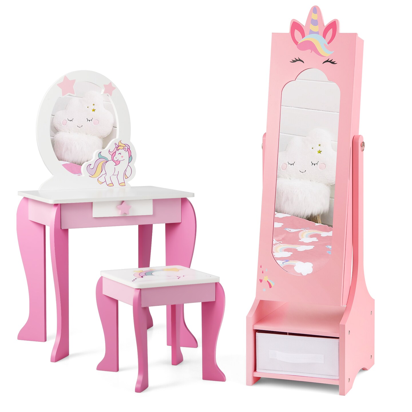 Kids Jewelry Cabinet with Full-Length Mirror for Kids Bedroom and Playroom