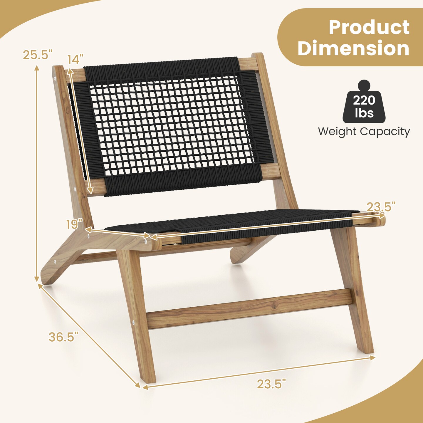 Indoor Outdoor Teak Wooden Chair with Handwoven Cordage Seat and Backrest - 36.5&#x22; x 23.5&#x22; x 25.5&#x22; (L x W x H)