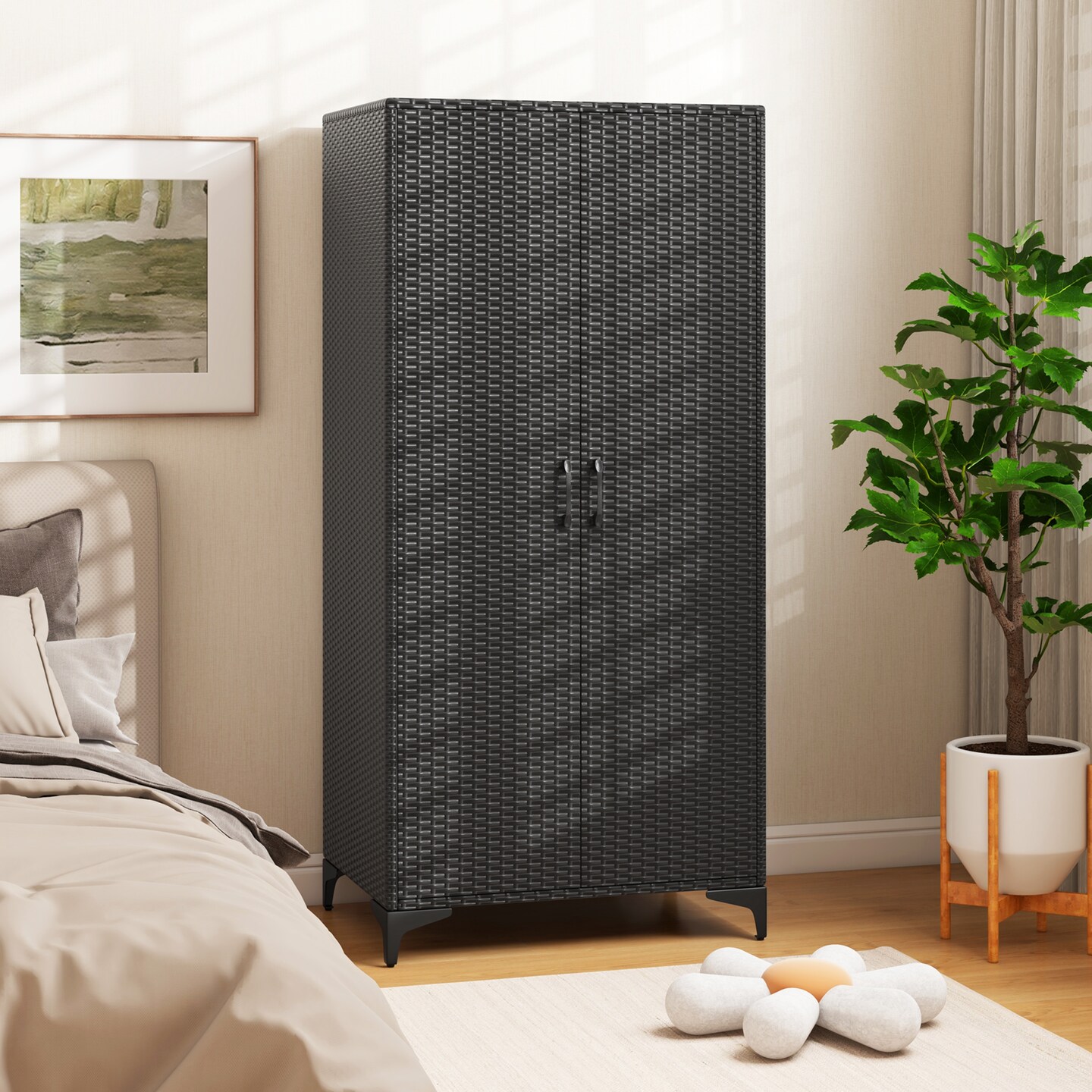 62 Inch Wicker Wardrobe with 2 Doors PE Rattan Closet with Hanging Rod - 28.5" x 19.5" x 62" (L x W x H)