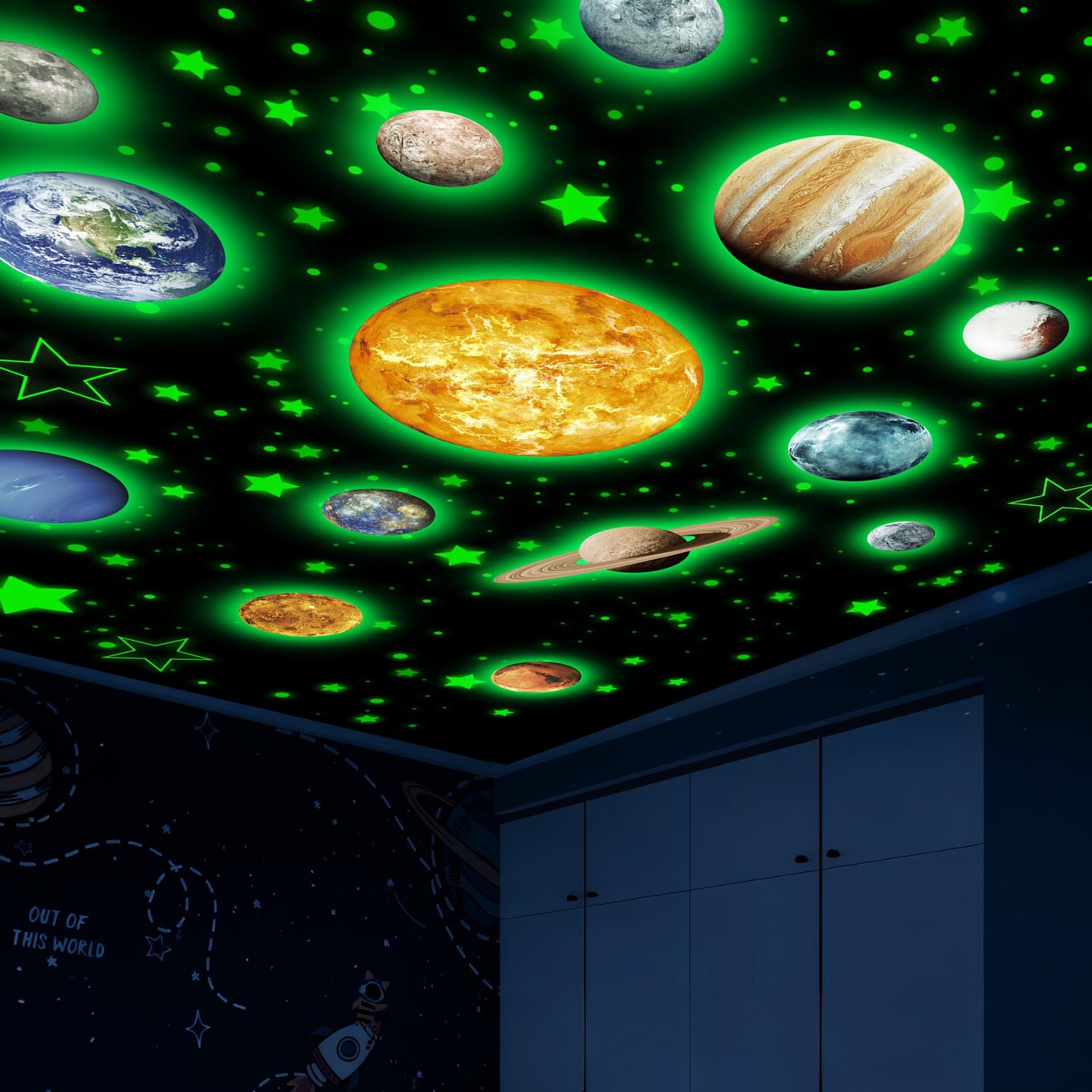 Solar System Wall Decals Glow in The Dark Stars 780 PCS, Glowing Planets Stickers for Ceiling, Nursery Wall Stickers for Bedroom, Kids Room Decorations (Green)