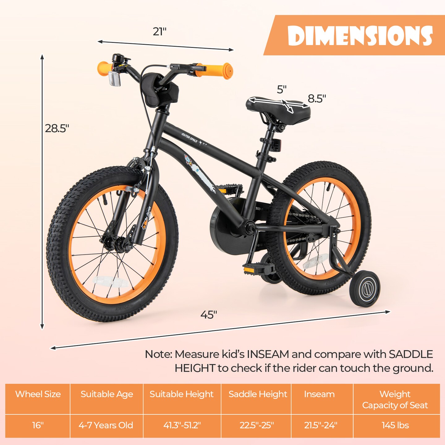 16-Inch Kids Bike Bicycle for Boys Girls 4-7 Adjustable with High Carbon Steel Frame - 45&#x22; x 21&#x22;x 28.5&#x22; (L x W x H)