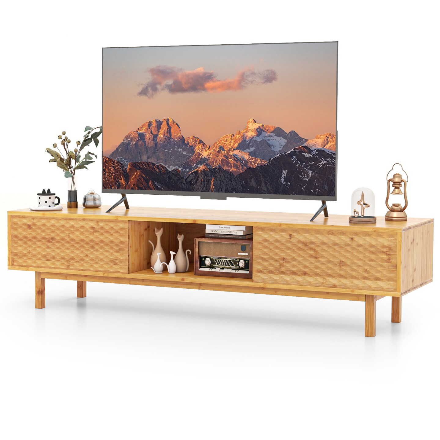 63 Inches Mid Century Modern Wicker TV Stand with Sliding Doors-Natural