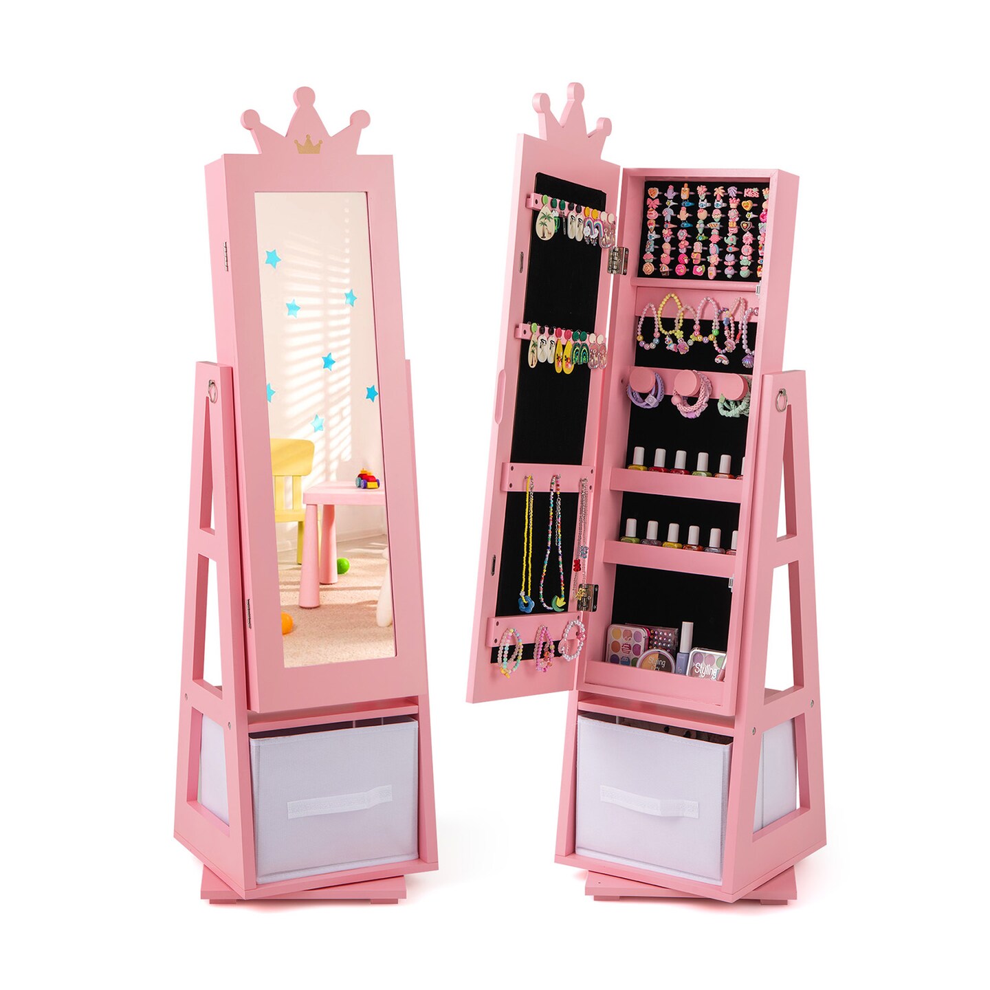 Kids Jewelry Armoire Cabinet with Large Storage Capacity and Swivel Base