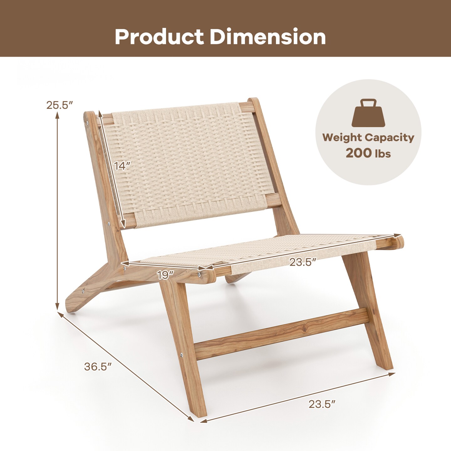 Teak Wooden Chair with Braided Rope Seat and Backrest for Backyard - 36.5" x 23.5" x 25.5"