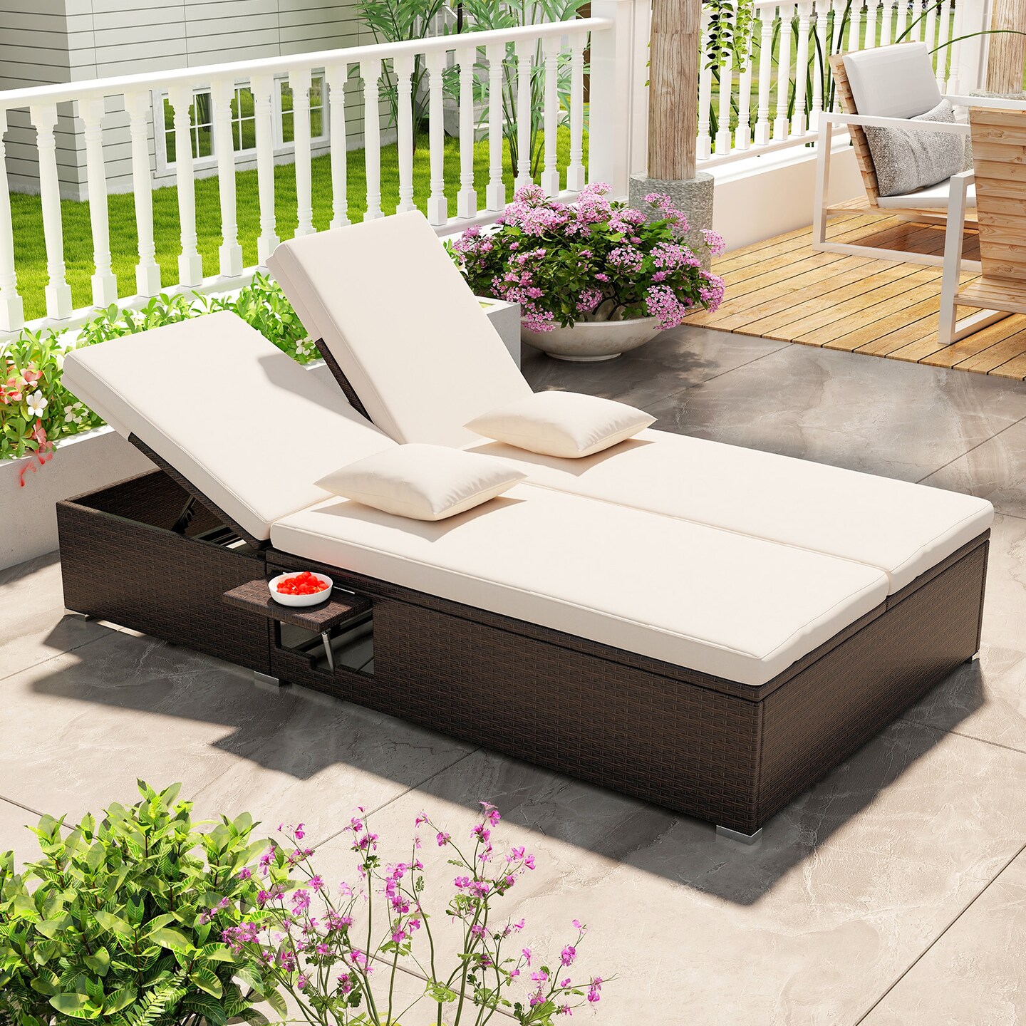 Outdoor Double Chaise Lounge PE Rattan 2 Person Adjustable Recliner Daybed Set Beige
