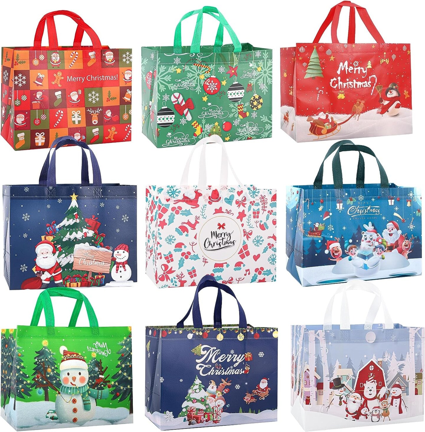 Christmas Gift Bags,9 Pcs Christmas Tote Bags with Handles for Shopping,Grocery Bags,Gifts Wrapping,Christmas Party Supplies Decorations,12.7&#x22;*9.8&#x22;*6.7&#x22; Reusable Gift Bags.